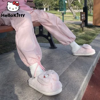Sanrio Hello Kitty Žiemos Animacinių Filmų Medvilnės Šlepetės Moterims Mados Pliušinis Thicked Šiltas Batai Mielas Plokšti Batai Y2k Mergina Namų Batai