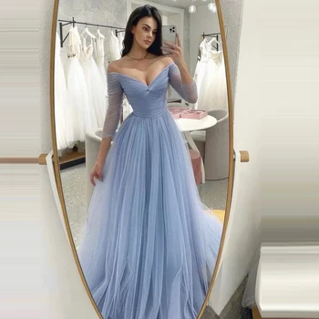 Šviesiai Mėlyna Off Peties ilgomis Rankovėmis Prom Dresses 2023 Elegantiškas-Line Paprastas Tiulio Vakare Chalatai Bridesmaid Suknelę, Vestuvių