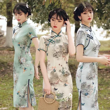 Pavasarį, Vasarą Vidutinis Spausdinimo Kinų Tradicinę Suknelę, Pagerino Retro Šiuolaikinės Cheongsam Žalia Pokylių Slim Brokatas Šalies Qipao