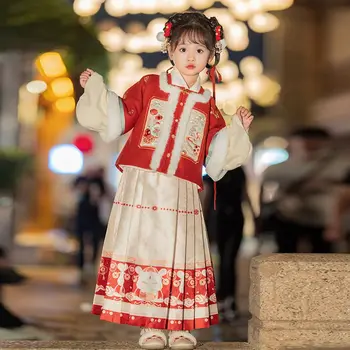 Kinų Tradicinė Suknelė Vaikams Senovės Merginos Naujųjų Metų Kostiumas Tradicinis Žiemos Raudona Hanfu Kailis Mielas Klostuotas Sijonas