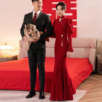 Nuotaka Derliaus Santuokos Slim Qipao Kinų Stiliaus Undinė Cheongsam Vestuvių Suknelė Taurę Drabužių Vestido