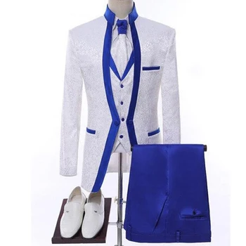 Rankų darbo Baltas Royal Blue vyriški Vestuvių Kostiumą: Skara Apykaklės, Oficialią Striukė, Kelnės, Liemenė - Elegantiškas Trijų dalių Kostiumas Homme!